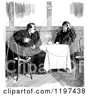 Clipart Of A Vintage Black And White Men Talking In A Restaurant Royalty Free Vector Illustration