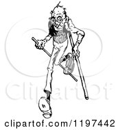 Clipart Of A Vintage Black And White Old Man Running With Canes Royalty Free Vector Illustration