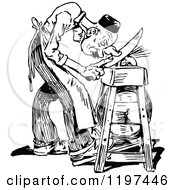 Clipart Of A Vintage Black And White Man Sharpening A Knife Royalty Free Vector Illustration