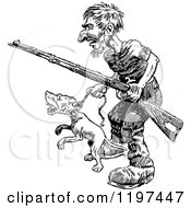 Poster, Art Print Of Vintage Black And White Man With A Rifle And Angry Dog