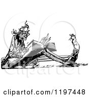 Clipart Of A Vintage Black And White Cat Watching A Man Read Royalty Free Vector Illustration