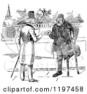 Clipart Of A Vintage Black And White Man Handing Money To A Fake Beggar Royalty Free Vector Illustration