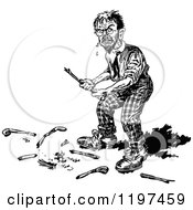 Clipart Of A Vintage Black And White Angry Golfer With A Broken Club Royalty Free Vector Illustration