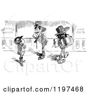Clipart Of A Vintage Black And White Paper Boy And Men Royalty Free Vector Illustration