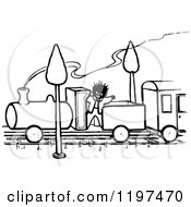 Clipart Of A Vintage Black And White Boy On A Steam Train Royalty Free Vector Illustration