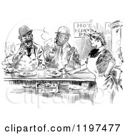 Clipart Of A Vintage Black And White Waitress And Men In A Restaurant Royalty Free Vector Illustration