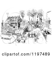 Clipart Of A Vintage Black And White Busy Roof Top Royalty Free Vector Illustration