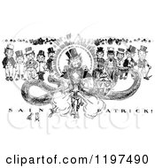 Clipart Of A Vintage Black And White Saint Patrick On A Horse Royalty Free Vector Illustration