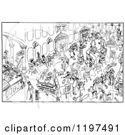 Clipart Of A Vintage Black And White Busy Restaurant Royalty Free Vector Illustration