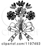 Clipart Of A Vintage Black And White Embroidered Bow And Flowers Royalty Free Vector Illustration
