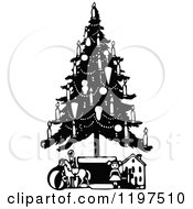 Poster, Art Print Of Vintage Black And White Christmas Tree With Candles And Toys