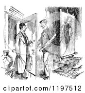 Clipart Of A Vintage Black And White Man Talking To A Painter Royalty Free Vector Illustration