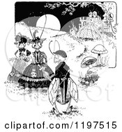 Clipart Of Vintage Black And White Formal Bugs At Night Royalty Free Vector Illustration