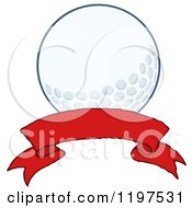 Cartoon Of A Red Ribbon Banner Over A Golf Ball Royalty Free Vector Clipart