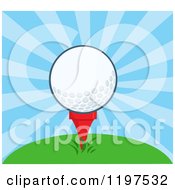 Cartoon Of A Golf Ball On A Tee Over Blue Rays Royalty Free Vector Clipart