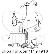 Cartoon Of An Outlined Man In Swim Trunks Holding A Beer Over A Cooler Royalty Free Vector Clipart