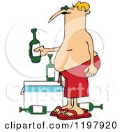 Cartoon Of A Man In Red Swim Trunks Holding A Beer Over A Cooler Royalty Free Vector Clipart