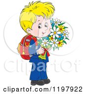 Cartoon Of A Sweet Blond Private School Boy Carrying Flowers Royalty Free Vector Clipart