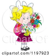 Poster, Art Print Of Sweet Blond School Girl Carrying Flowers