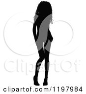 Clipart Of A Sexy Black Silhouetted Woman With Curly Hair Wearing Heels And Tilting Her Knees Inward Royalty Free Vector Illustration