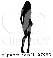 Clipart Of A Sexy Black Silhouetted Woman With Wavy Hair Wearing Heels And Tilting Her Knees Inward Royalty Free Vector Illustration