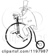 Outlined Man Wearing A Top Hat And Riding A Penny Farthing Bicycle