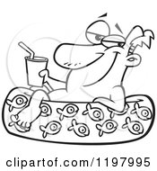 Cartoon Of An Outlined Man Relaxing With A Drink In A Kiddie Pool Royalty Free Vector Clipart