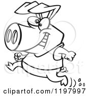 Cartoon Of An Outlined Happy Pig Running In A Shirt Royalty Free Vector Clipart