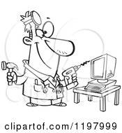 Cartoon Of An Outlined Computer Repair Technician With Tools Royalty Free Vector Clipart