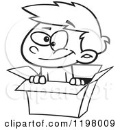 Cartoon Of An Outlined Happy Boy Playing In A Box Royalty Free Vector Clipart by toonaday