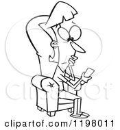 Cartoon Of An Outlined Clueless Woman Looking At A Television Remote Control Royalty Free Vector Clipart by toonaday