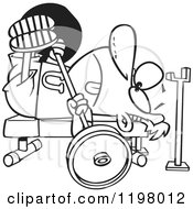 Cartoon Of An Outlined Man Doing The Chest Press On A Gym Bench Royalty Free Vector Clipart