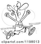 Cartoon Of An Outlined Male 10k Runner Crossing The Finish Line Royalty Free Vector Clipart