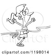 Cartoon Of An Outlined Female 10k Runner Crossing The Finish Line Royalty Free Vector Clipart