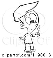 Cartoon Of An Outlined Boy Holding A Lit Match Royalty Free Vector Clipart