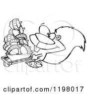 Cartoon Of An Outlined Prepper Squirrel With A Wheelbarrow Full Of Acorns Royalty Free Vector Clipart