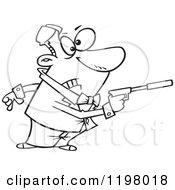 Cartoon Of An Outlined Male Secret Angent Pointing A Gun With A Silencer Royalty Free Vector Clipart by toonaday