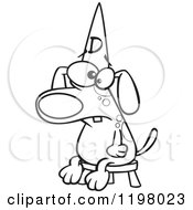 Cartoon Of An Outlined Dumb Dog Wearing A Hat On A Stool Royalty Free Vector Clipart by toonaday
