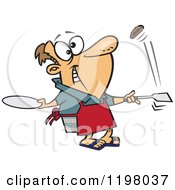 Cartoon Of A Happy Caucasian Man Wearing An Apron And Flipping Burgers Royalty Free Vector Clipart