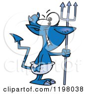 Cartoon Of A Grinning Blue Devil With A Crooked Tail Royalty Free Vector Clipart