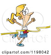 Cartoon Of A Outlined Female 10k Runner Crossing The Finish Line Royalty Free Vector Clipart by toonaday