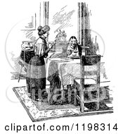 Clipart Of A Black And White Vintage Wife Serving Her Husband A Meal Royalty Free Vector Illustration