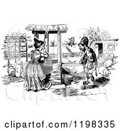 Black And White Vintage Man Talking To A Woman Fetching Water At A Well