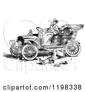 Clipart Of A Black And White Vintage Man Under A Womans Car Royalty Free Vector Illustration by Prawny Vintage