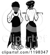 Clipart Of A Black And White Vintage Rear View Of Two Ladies Royalty Free Vector Illustration