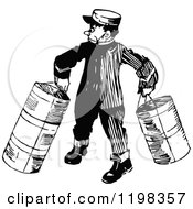 Clipart Of A Black And White Vintage Porter Carrying Luggage Royalty Free Vector Illustration