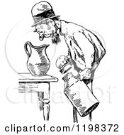 Clipart Of A Black And White Vintage Man Looking In A Jug Royalty Free Vector Illustration