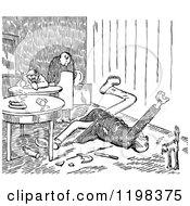 Clipart Of A Black And White Vintage Cat Watching An Man Fall Over From Food Poisoning Royalty Free Vector Illustration
