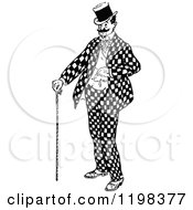 Clipart Of A Black And White Vintage Man With A Cane And Checkered Suit Royalty Free Vector Illustration