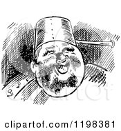 Clipart Of A Black And White Vintage Man Wearing A Pan On His Head Royalty Free Vector Illustration